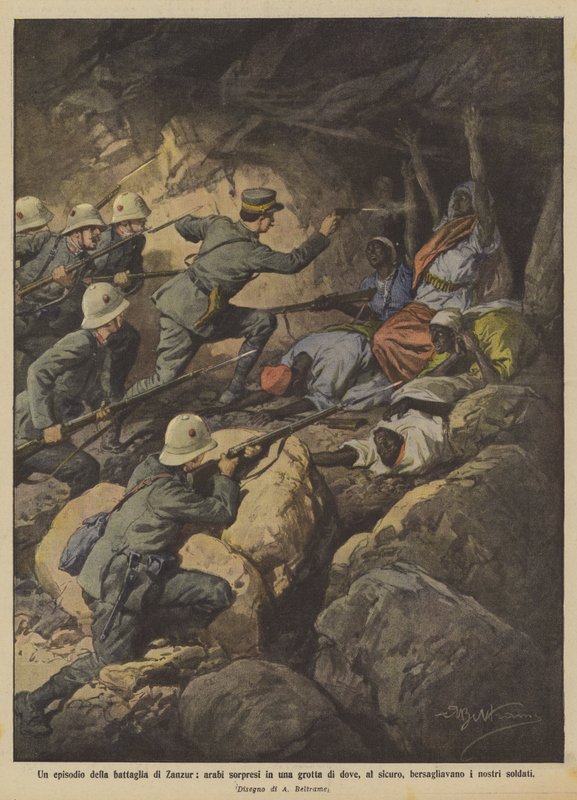Un episodio de la batalla de Zanzur, árabes sorprendidos en una cueva donde estaban seguros de Achille Beltrame