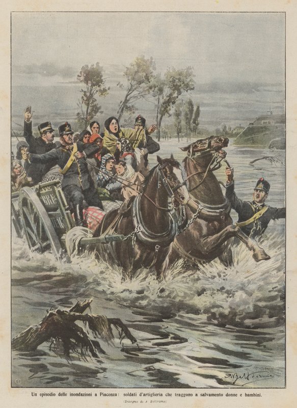 Un episodio de las inundaciones en Piacenza, soldados de artillería que rescatan a mujeres y niños de Achille Beltrame