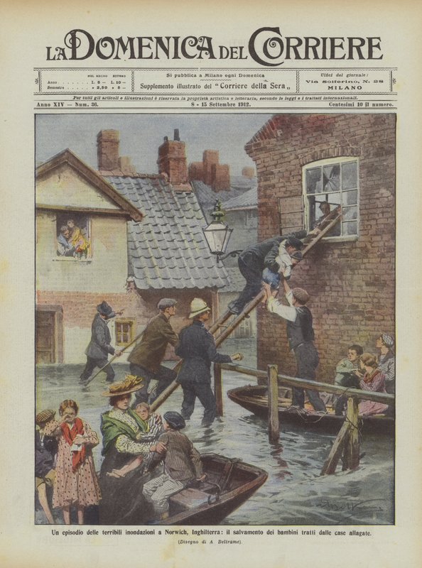 Un episodio de las terribles inundaciones en Norwich, Inglaterra, el rescate de niños sacados de Achille Beltrame