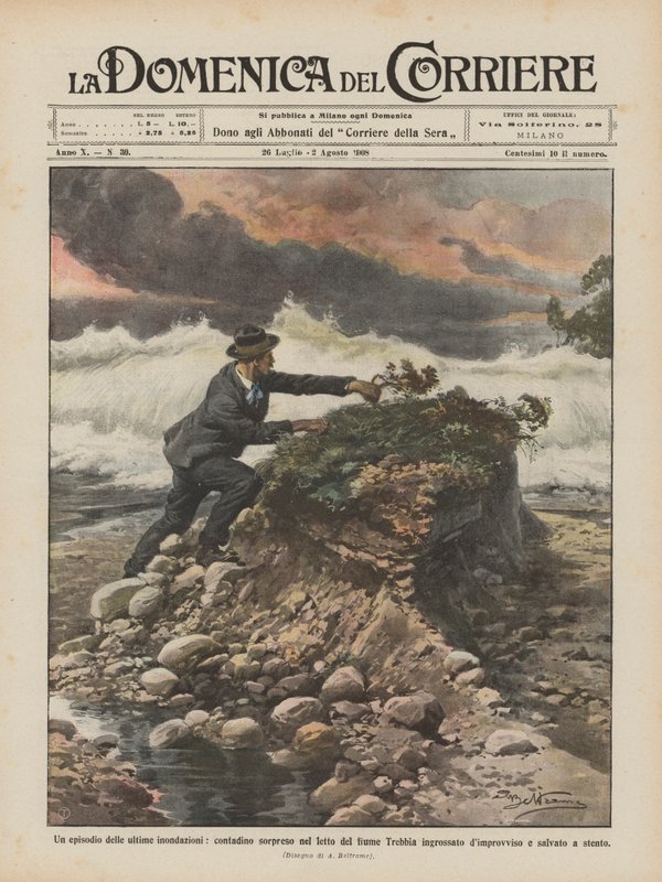 Un episodio de las últimas inundaciones, campesino sorprendido en el lecho del río Trebbia crecido de Achille Beltrame