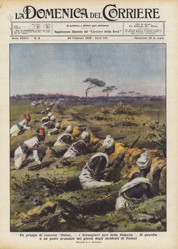 Un grupo de valientes Dubat, los bersaglieri negros de Somalia, de guardia en un puesto avanzado de Achille Beltrame