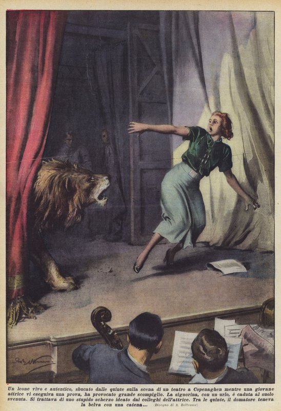 Un león vivo y auténtico, surgido de las bambalinas en el escenario de un teatro en Copenhague mientras una de Achille Beltrame