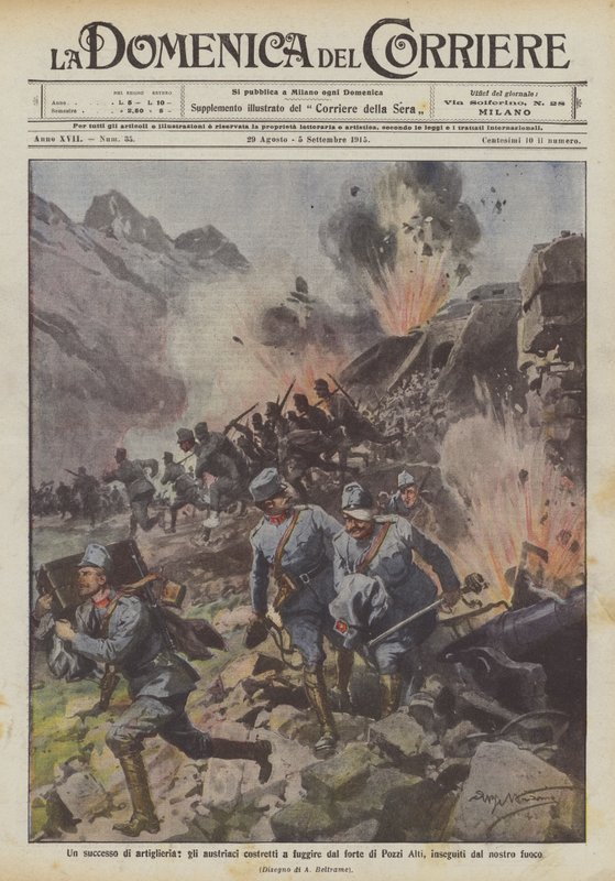 Un éxito de artillería, los austriacos obligados a huir del fuerte de Pozzi Alti, perseguidos por nuestro fuego de Achille Beltrame