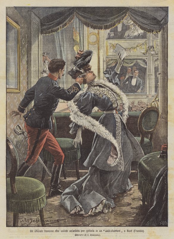 Un oficial francés que mata a un artista por celos en un café-concierto en Niort (Francia) de Achille Beltrame