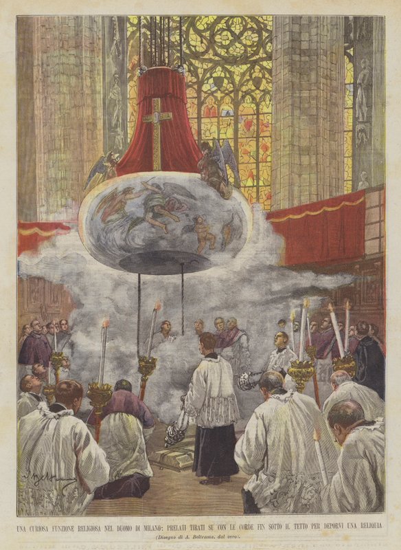 Una curiosa función religiosa en la catedral de Milán, prelados subidos con cuerdas hasta de Achille Beltrame