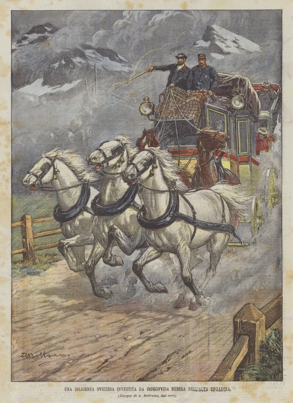 Una diligencia suiza atrapada por una tormenta repentina en la Alta Engadina de Achille Beltrame