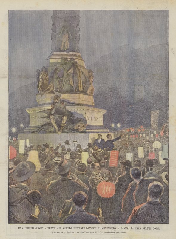 Una manifestación en Trento, el cortejo popular frente al monumento a Dante, la noche del 11 de Achille Beltrame