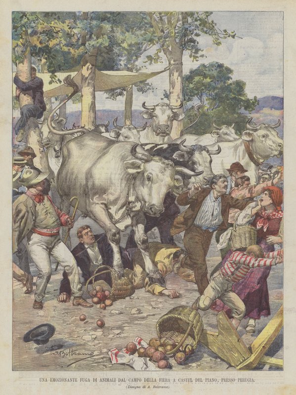 Una Emocionante Huida de Animales del Campo de la Feria en Castel del Piano, Cerca de Perugia de Achille Beltrame