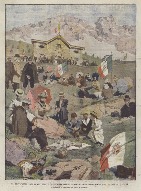 Una fiesta de los árboles en la montaña, el ascenso de 1500 personas al refugio de la Grigna Meridional de Achille Beltrame