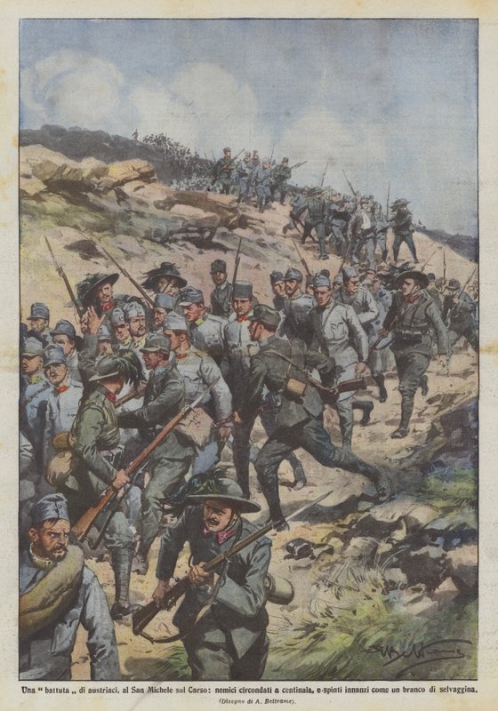 Una caza de austriacos, en San Michele en el Carso, enemigos rodeados por cientos de Achille Beltrame
