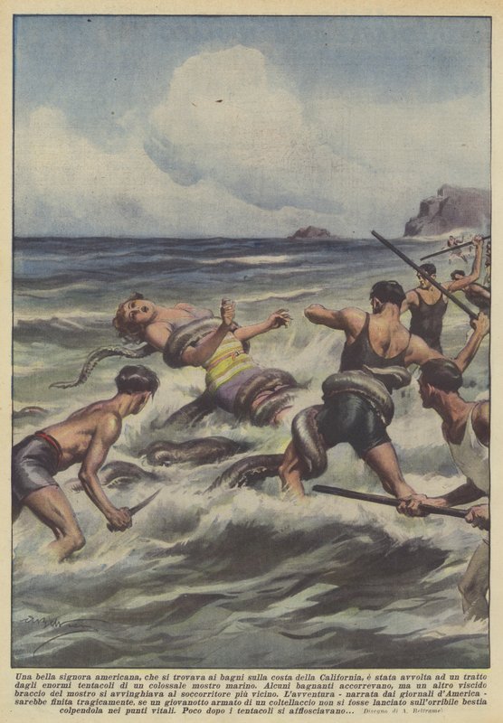 Una bella dama americana, que se encontraba en los baños en la costa de California, fue envuelta de Achille Beltrame
