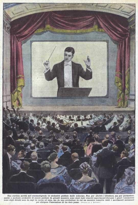 Una curiosa novedad en el cine, las orquestas guiadas desde la pantalla de Achille Beltrame