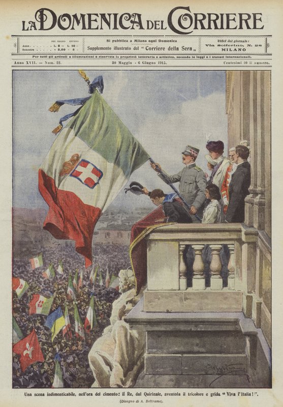 Una escena inolvidable, en la hora del desafío, el Rey, desde el Quirinal, ondea la tricolor y grita ¡Viva Italia! de Achille Beltrame