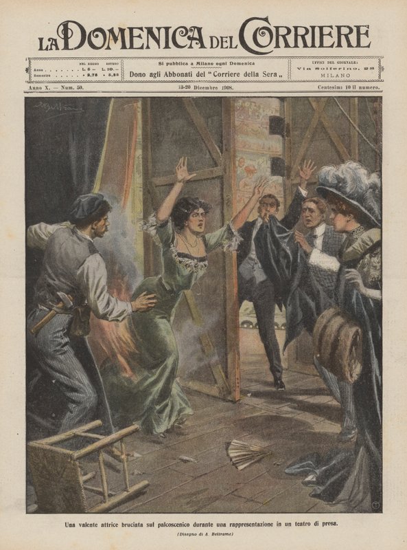 Una talentosa actriz quemada en el escenario durante una representación en un teatro de prosa de Achille Beltrame