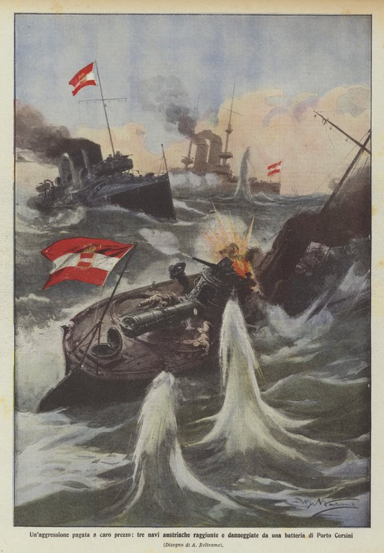 Una agresión pagada a caro precio, tres barcos austriacos alcanzados y dañados por una batería de Porto Corsini de Achille Beltrame