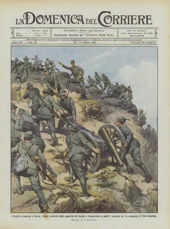 Otro avance en Derna, alpinos obligados por la aspereza del terreno a transportar a hombros de Achille Beltrame