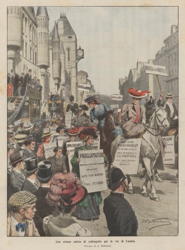 Un extraño desfile de sufragistas por las calles de Londres de Achille Beltrame