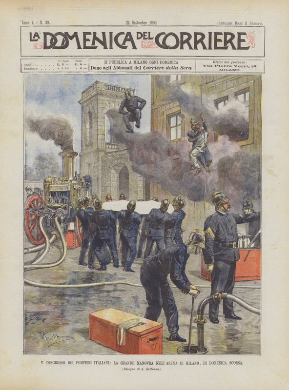 V Congreso de Bomberos Italianos, la gran maniobra en la Arena de Milán, el domingo pasado de Achille Beltrame