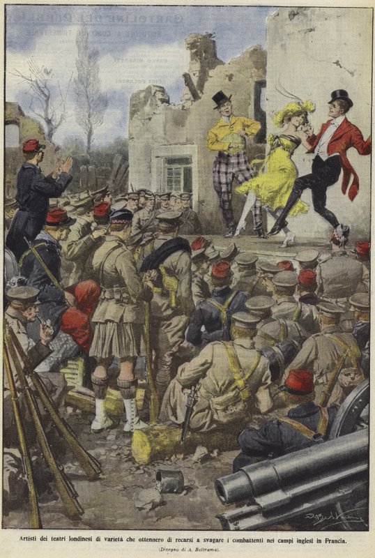 Artistas de variedades de los teatros de Londres entreteniendo a las tropas británicas en campamentos en Francia de Achille Beltrame