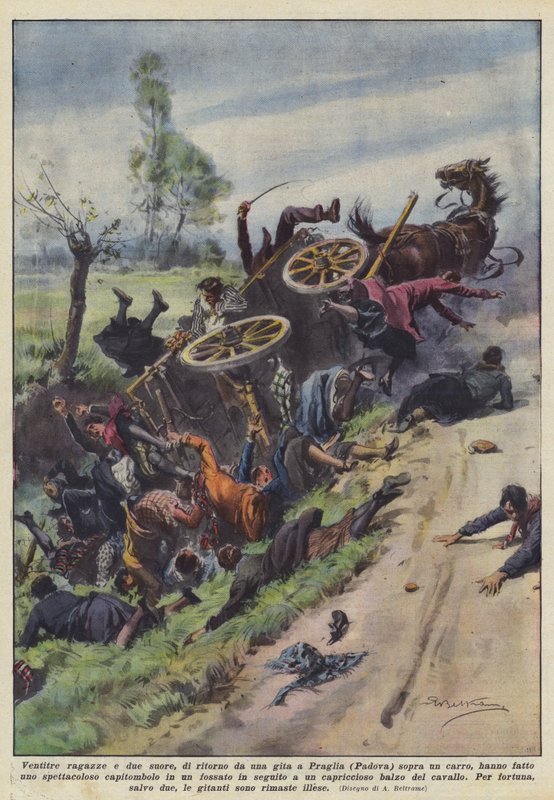 Veintitrés chicas y dos monjas, de regreso de una excursión a Praglia (Padua) sobre un carro de Achille Beltrame
