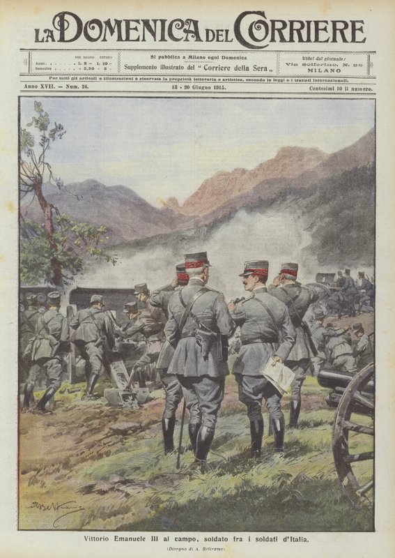 Vittorio Emanuele III en el campo, soldado entre los soldados de Italia de Achille Beltrame