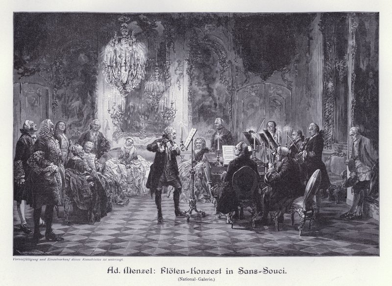 Concierto de Flauta en el Palacio de Sanssouci, Potsdam, Prusia de Adolph Friedrich Erdmann von (after) Menzel