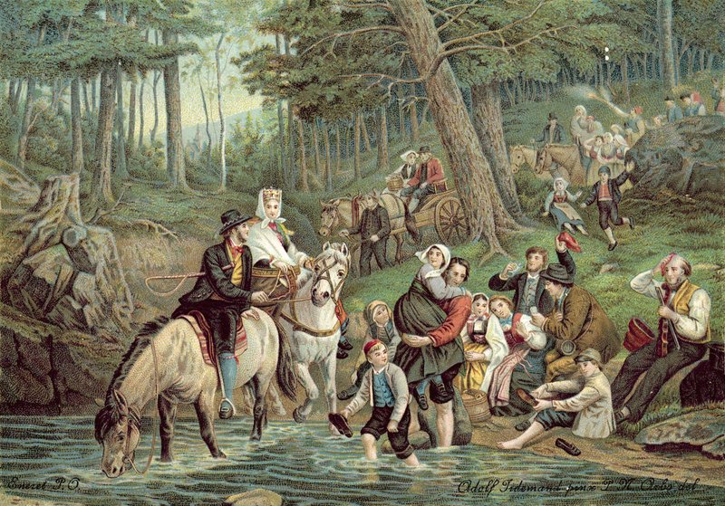 Escena noruega (litografía en color) de Adolph Tidemand
