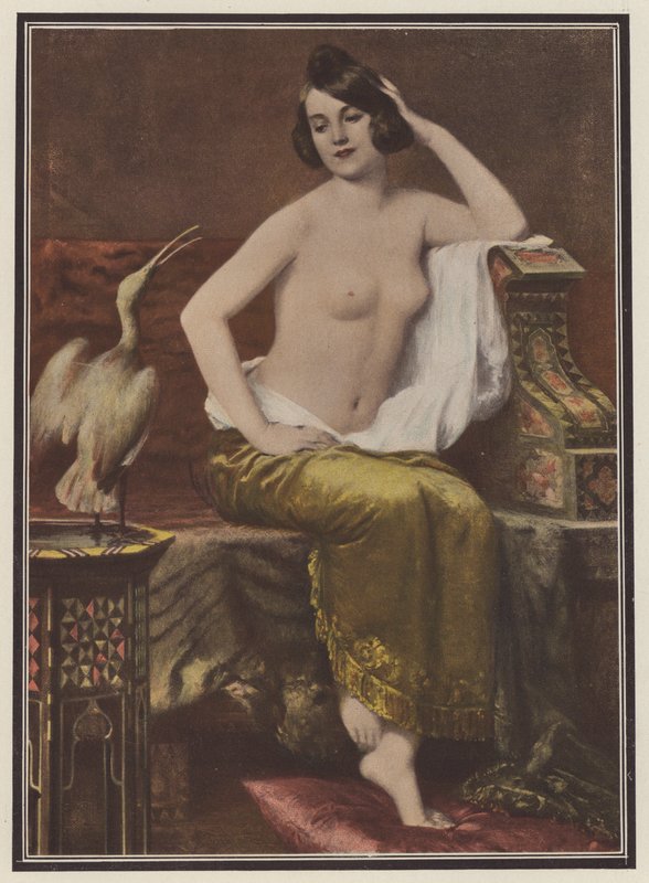 La favorita, mujer con un pájaro (litografía en color) de Adolphe Weisz