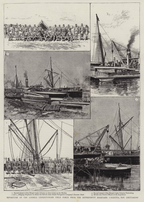 Salida de la Fuerza Expedicionaria Looshai del Astillero del Gobierno, Calcuta, hacia Chittagong de Adrien Emmanuel Marie