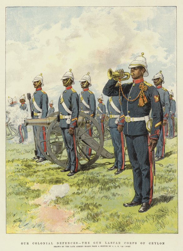 Nuestras Defensas Coloniales, el Cuerpo de Artilleros Lascar de Ceilán (cromolitografía) de Adrien Emmanuel Marie