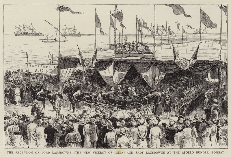 La recepción de Lord Lansdowne (el nuevo virrey de la India) y Lady Lansdowne en el Apollo Bunder, Bombay de Adrien Emmanuel Marie