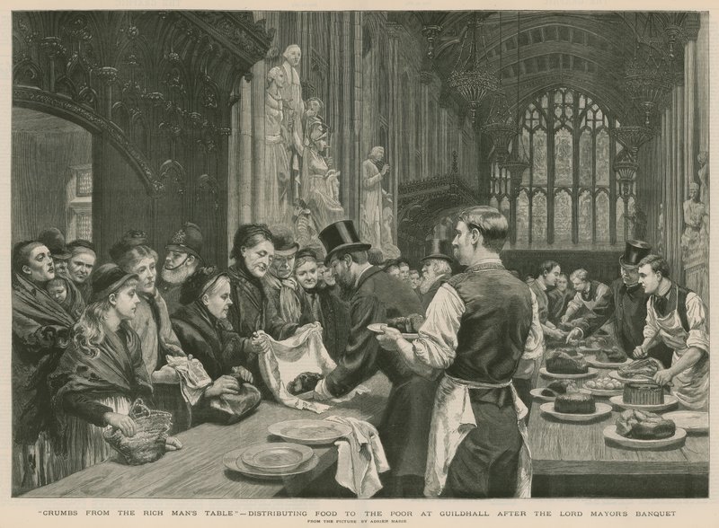 Distribución de comida a los pobres en Guildhall después del Banquete del Alcalde (grabado) de Adrien Emmanuel Marie