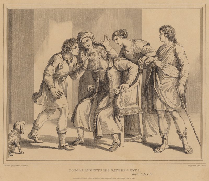 Tobías unge los ojos de su padre, Tobit de Agostino Carracci