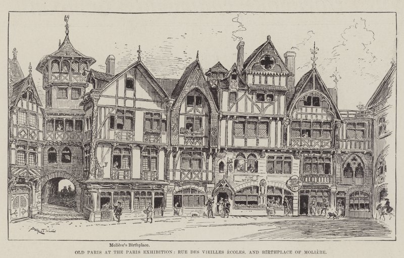 Viejo París en la Exposición de París, Rue des Vieilles Ecoles, y lugar de nacimiento de Molière de Albert Robida
