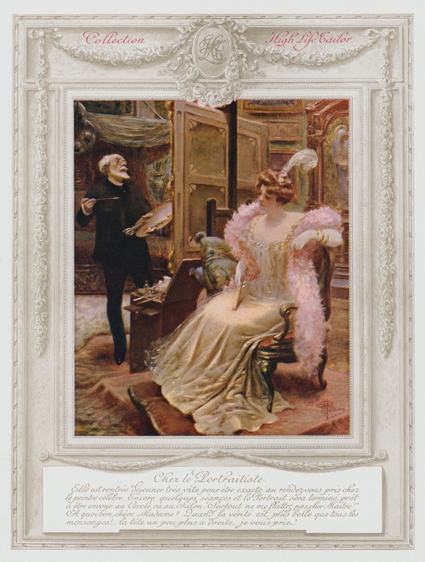 Belle Époque París, dama de moda posando para su retrato (litografía en color) de Albert Guillaume
