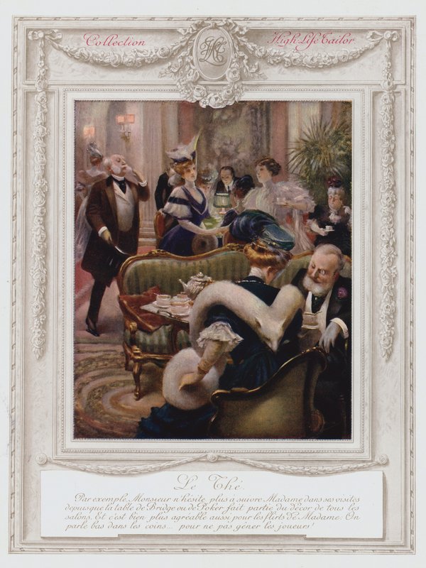 Belle Époque París, dama de moda tomando té (litografía en color) de Albert Guillaume