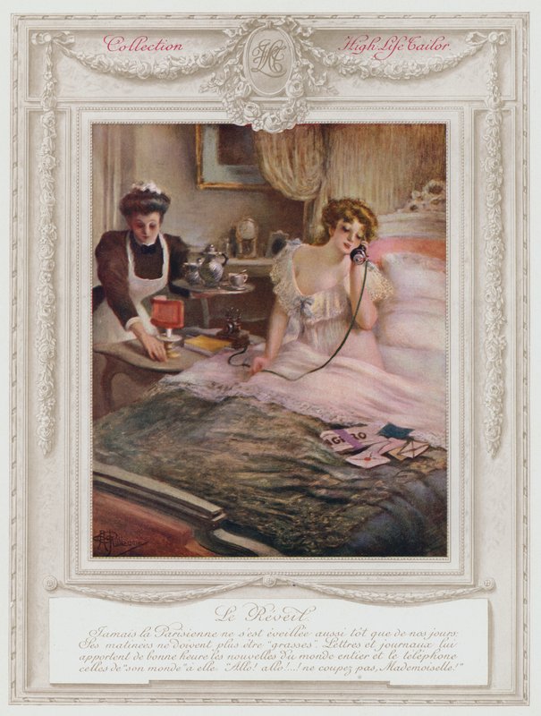 Belle Époque París, dama de moda despertándose (litografía en color) de Albert Guillaume