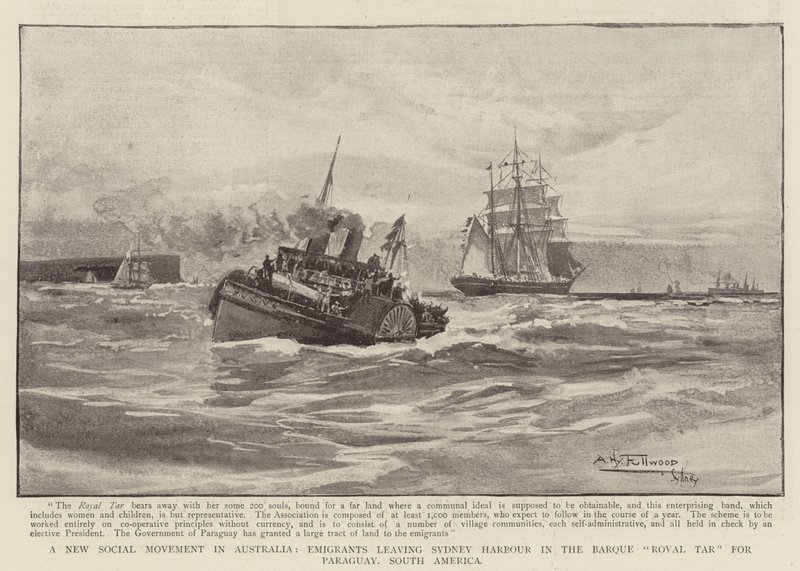 Un nuevo movimiento social en Australia, emigrantes saliendo del puerto de Sídney en el barco Royal Tar hacia Paraguay, América del Sur de Albert Henry Fullwood