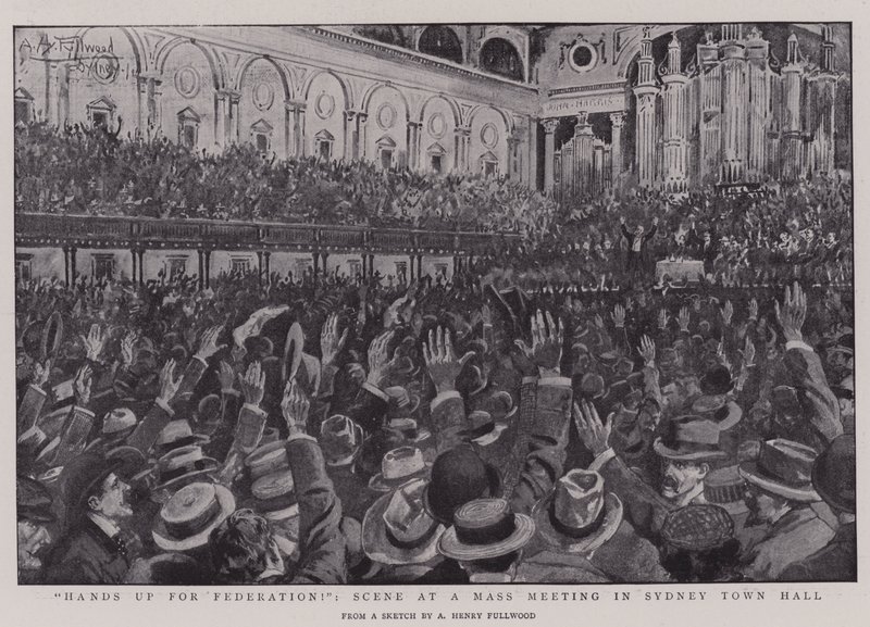 ¡Manos arriba por la Federación!, escena en una reunión masiva en el Ayuntamiento de Sídney de Albert Henry Fullwood