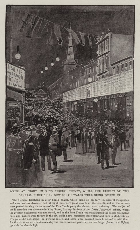 Escena nocturna en King Street, Sídney, mientras se publicaban los resultados de las elecciones generales en Nueva Gales del Sur de Albert Henry Fullwood