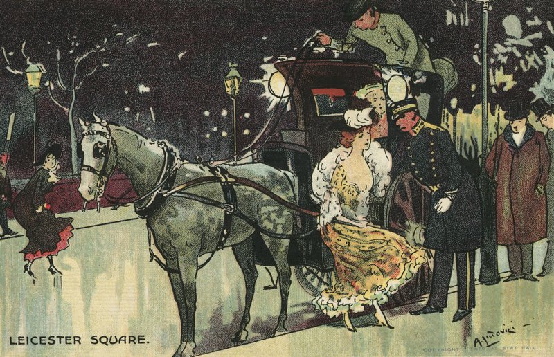 Mujer saliendo de un carruaje, Leicester Square de Albert Jnr. Ludovici