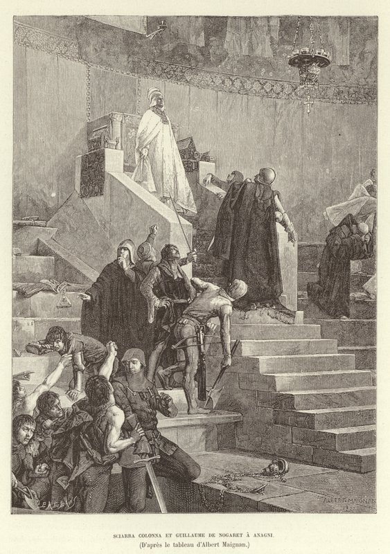 Sciarra Colonna y Guillaume de Nogaret confrontando al Papa Bonifacio VIII en Anagni, Italia de Albert Pierre Rene Maignan