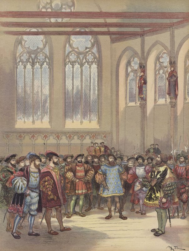 El heraldo Borgoña, enviado por Carlos V, es recibido por Francisco I en la gran sala del Parlamento de Albert Robida