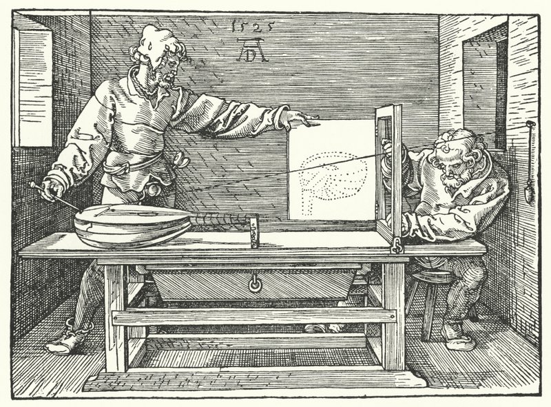 El uso de cuerdas para construir una imagen en perspectiva de un laúd de Albrecht (after) Durer or Duerer
