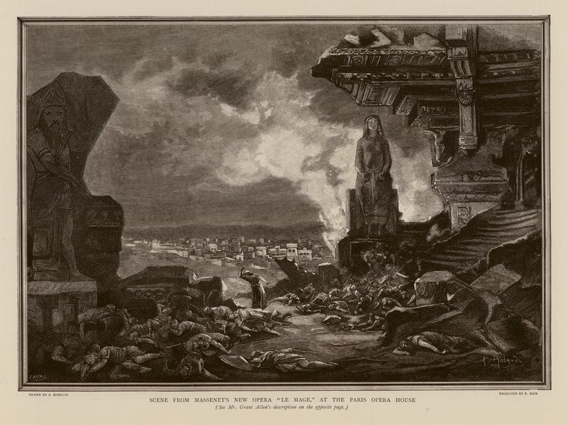 Escena de la ópera de Massenet, Le Mage, en la Ópera de París (grabado) de Alcide Theophile Robaudi