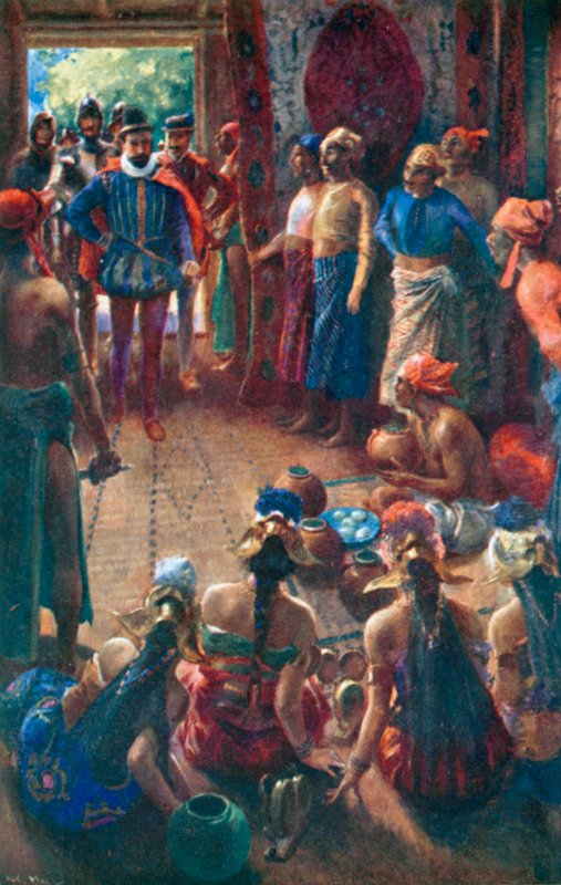 Magallanes visita al rey de Sebu (litografía en color) de Alec Ball