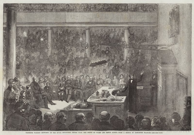 El profesor Faraday dando una conferencia en la Royal Institution, ante el Príncipe de Gales y el Príncipe Alberto de Alexander Blaikley