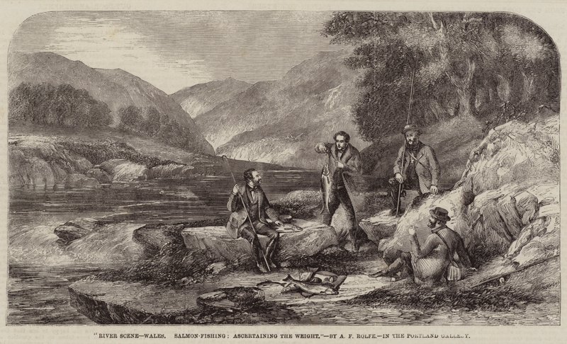 Escena del río, Gales, pesca de salmón, determinando el peso de Alexander Rolfe