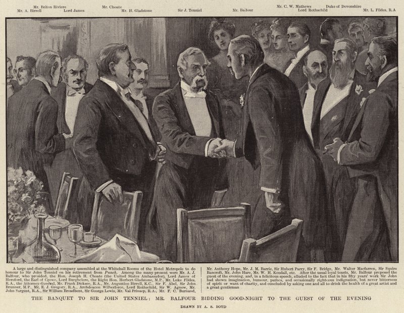 El banquete a Sir John Tenniel, Mr. Balfour despidiéndose del invitado de la noche de Alexander Stuart Boyd