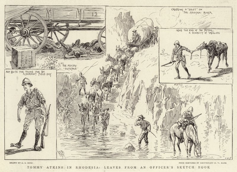 Tommy Atkins en Rodesia, hojas del cuaderno de bocetos de un oficial de Alexander Stuart Boyd